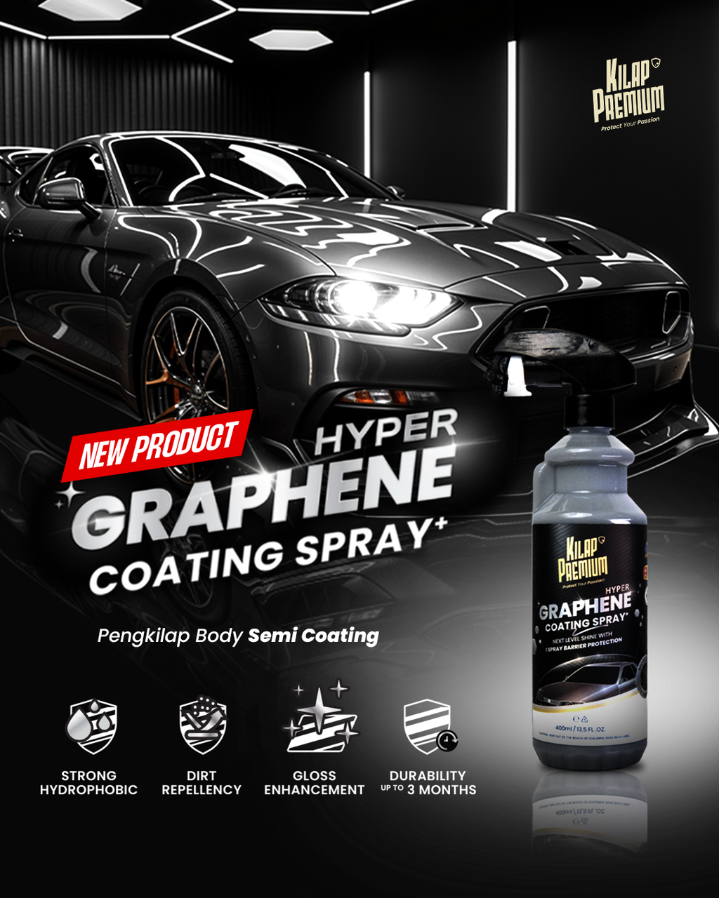 Hyper Graphene Coating Spray by Kilap Premium - Pengkilap Body Mobil Semi Coating Tahan Lama
